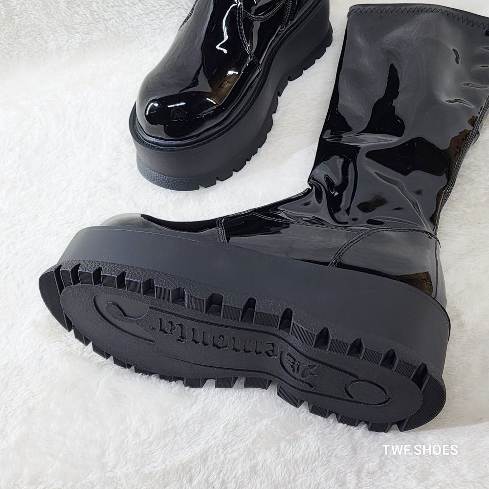 Demonia Shiny Black Tall Platform Boots - Picture 9 of 10